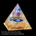 Natural amethyst and golden hair crystal orgone pyramid with Virgo zodiac sign symbol - 5cm Size / X10 Amethyst + Rutilated Quartz Chips (Scorpio)