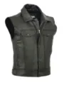 Black leather motorcycle vest detail, stand collar, front zip and snap closure, pocket. - S / Tops / Black