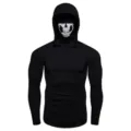 Vue détaillée du sweat à capuche noir pour homme avec design de masque de crâne. - S / Hauts / Noir