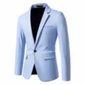 Men's casual light blue blazer detail view, slim fit suit jacket, elegant lapel and button. - Sky Blue
