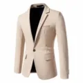 Detailed view of the casual slim fit men blazer jacket in beige color with single button design. - S / Tops / Khaki