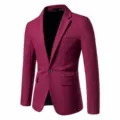 Detailed view of men's slim fit casual suit jacket in stylish burgundy, single button. - S / Tops / Burgundy