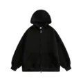 Black zip-up hoodie detail view, drawstring hood, ribbed cuffs, and front pocket. - M / Tops / Black