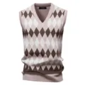 Men's V-neck argyle knit sweater vest casual sleeveless pullover knitwear top for autumn winter - L / Tops / Beige