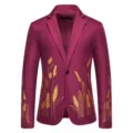 Stijlvolle bordeauxrode heren blazer met elegante gouden graanprint, modieus. - M / Tops / Bordeauxrood