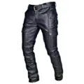 Men black PU leather cargo pants punk motorcycle trousers with multi pockets and belt stylish - S / Black