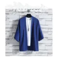 Men summer sun protection cardigan loose ice silk kimono Chinese style casual outerwear - M / Tops / Blue
