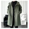 Men casual hooded trench coat detail showing long length, metal snaps and adjustable drawstring. - S / Tops / Army Green