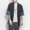 Cardigan kimono en lin pour homme été décontracté manches 3/4 patchwork rétro haut japonais. - M / Noir