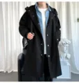 Men black hooded long trench coat, casual Korean style outerwear with layered denim shirt. - S / Tops / Black