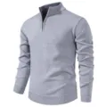 Detail view of men's solid color quarter zip knit sweater, stand collar and ribbed hem design. - M / Tops / Light Gray