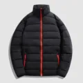 Men's winter black puffer jacket with vibrant red zippers, stand-up collar casual outerwear. - M / Tops / Orange Red