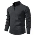 Men's charcoal grey stand collar half-zip knit sweater detail view, slim fit styling. - M / Tops / Dark Gray