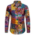 Men's ethnic style patchwork long sleeve casual shirt detailed shot, vibrant print. - M / Tops / Multicolor