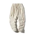 Men's casual loose fit linen harem trousers in light beige with elastic drawstring waist. - M / Bottoms / Off White