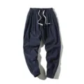 Men Summer Casual Cotton Linen Harem Pants Loose Drawstring Cropped Trousers Dark Blue - M / Bottoms / Navy Blue