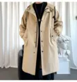 Detailed view of men's long hooded trench coat in khaki, casual outerwear design. - S / Tops / Khaki
