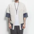 Cardigan patchwork en lin decontracté pour homme manche trois quarts veste kimono d'été - M / Lin Naturel