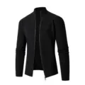 Cardigan en tricot noir pour homme col montant zippé, détail de texture côtelée. - M / Hauts / Noir
