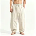 Vue détaillée de pantalon ample en lin pour homme avec taille à cordon et chevilles serrées. - M / Bas / Blanc Cassé