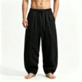 Pantalon large en lin uni pour homme style chinois décontracté pantalon sarouel été neuf - M / Bas / Noir