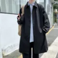 Men's long black trench coat single breasted casual Japanese style spring outerwear. - M / Tops / Black