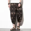 Ethnic elephant print men cropped linen trousers detail view casual loose trousers - M / Bottoms / Color 4 (Black Elephant Print)