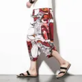 Men's ethnic floral linen casual cropped pants breathable summer fashion trousers - Color 6 (Red & White Abstract)