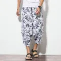 Men Chinese Style Floral Cropped Harem Pants Summer Casual Loose Linen Trousers New - Color 7 (Blue & White Floral)