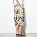 Men casual floral linen cropped trousers, loose harem pants, ethnic style summer beach wear. - Color 8 (Red Floral)