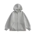 Grey zip-up hoodie detail view highlighting full metal zipper, hood, and kangaroo pockets. - M / Tops / Light Gray