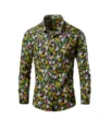 Men long sleeve casual shirt featuring colorful tropical leaf print, turn-down collar and buttons. - Black with Colorful Tropical Leaves (Color 6)