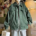 Veste en jean vert foncé coupe ample pour homme style rétro streetwear automne mode - Vert Militaire