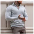Men's half-zip knitted sweater casual solid color slim fit pullover for autumn daily wear - M / Tops / Light Gray