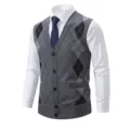 Men argyle V-neck knit vest waistcoat detail, classic grey sleeveless sweater style view. - M / Tops / Dark Gray