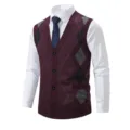 Men's V-neck argyle knit sweater vest over white shirt, business casual autumn winter wear. - M / Tops / Burgundy