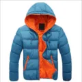 Piumino con cappuccio colorblock casual da uomo con fodera e cerniera arancione brillante. - Taglia M / Top / Celeste/Arancio