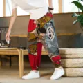 Mens Chinese style breathable linen harem pants with abstract art print for casual summer. - M / Gray