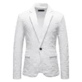 White floral jacquard blazer jacket detail, elegant single button men suit design. - M / White