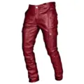 Men red faux leather cargo pants gothic rock motorcycle trousers casual streetwear apparel - S / Burgundy