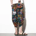 Details of the men's ethnic geometric print loose cropped pants, casual thin summer linen trousers. - Color 5 (Ethnic Geometric)