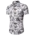 Camicia uomo manica corta stampa floreale estate casual bottoni top elegante bianco - Taglia M / Top / Nero Marrone Floreale (DC02)