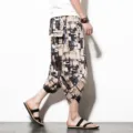 Men casual ethnic print linen cropped pants summer breathable loose harem trousers male style - M / Bottoms / Color 2 (Geometric Floral)