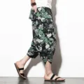 Men ethnic style casual cropped linen pants summer floral breathable harem trousers - M / Bottoms / Color 3 (Green Leaf Print)