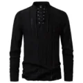 Herren schwarzes langarm schnürung v-ausschnitt hemd texturiertes jacquard oberteil - S / Oberteile / Schwarz