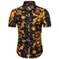 Herren Sommer Kurzarm lässig Blumenhemd, Luxus Gold Barock Druck Knopfleiste Oberteil. - Luxus Goldblatt (DC06)