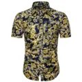 Herren Kurzarm Freizeit Barock Print Hemd, Sommer Mode Luxus Stil Button Down Oberteil. - Schwarz Gold Barock (DC08)