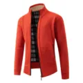 Men's fleece lined knitted cardigan jacket with stand collar and zipper closure detail. - Orange Red