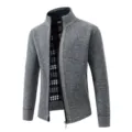 Detailed view of the grey men's knitted cardigan showing the stand collar and plush lining. - M / Tops / Light Gray