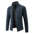 Men's fleece lined stand collar knitted cardigan sweater with warm plaid inner lining. - Blue